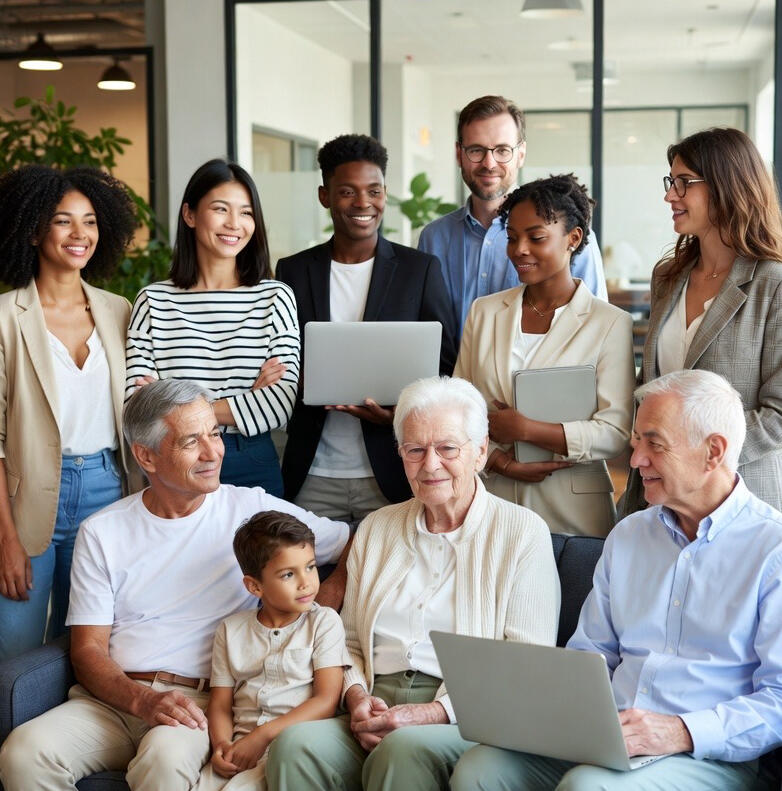 a picture of a business involved in manufacturing, healthcare, and community services for cybersecurity it’s of people diversity with grandparents and it feels warm and inviting